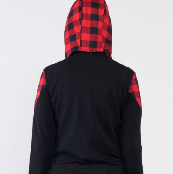 Buffalo Plaid Detachable Hood Zip Up Sweater Top - Picture 2 of 4